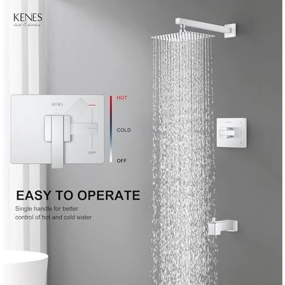 KENES Tub Shower Faucet Set Rainfall Shower Head with Valve & Spout Chrome